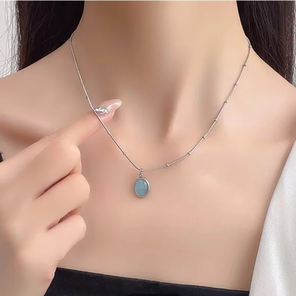 Elegant Stainless Steel Silver Necklace with Blue Pendant - Picture 2 of 4